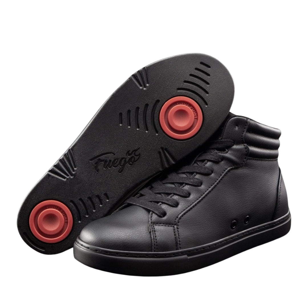 Der vegane Fuego High-Top Dance Sneaker in Schwarz von Fuego Dance Shoes ist perfekt für einzigartige Tanzstile mit roten Drehpunkten.