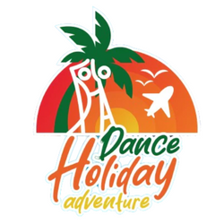 Logo mit Palmen, Sonnenuntergang und Flugzeug. „Dance Holiday Adventure“ im Text. Marke: Event.