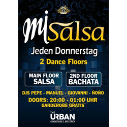 Mach mit bei „Jeden Donnerstag – Mi Salsa“ in der Eventlokation The Urban, Zürich: Salsa & Bachata auf zwei Tanzflächen jeden Donnerstag.