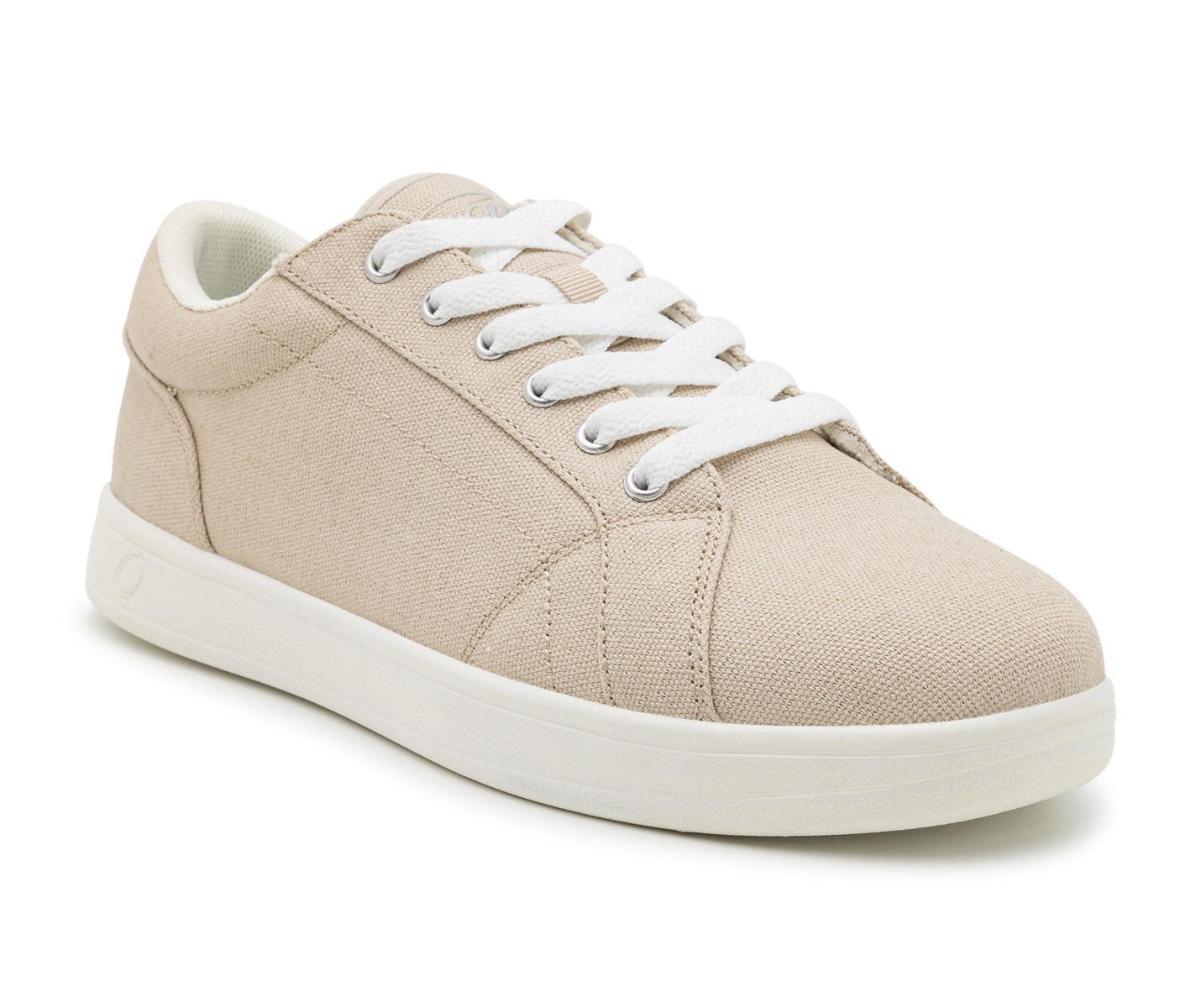 Seitenansicht des SMOVE Dance Sneaker von Dancing Queens in Beige, mit weißen Schnürsenkeln und Sohle auf weißem Hintergrund.