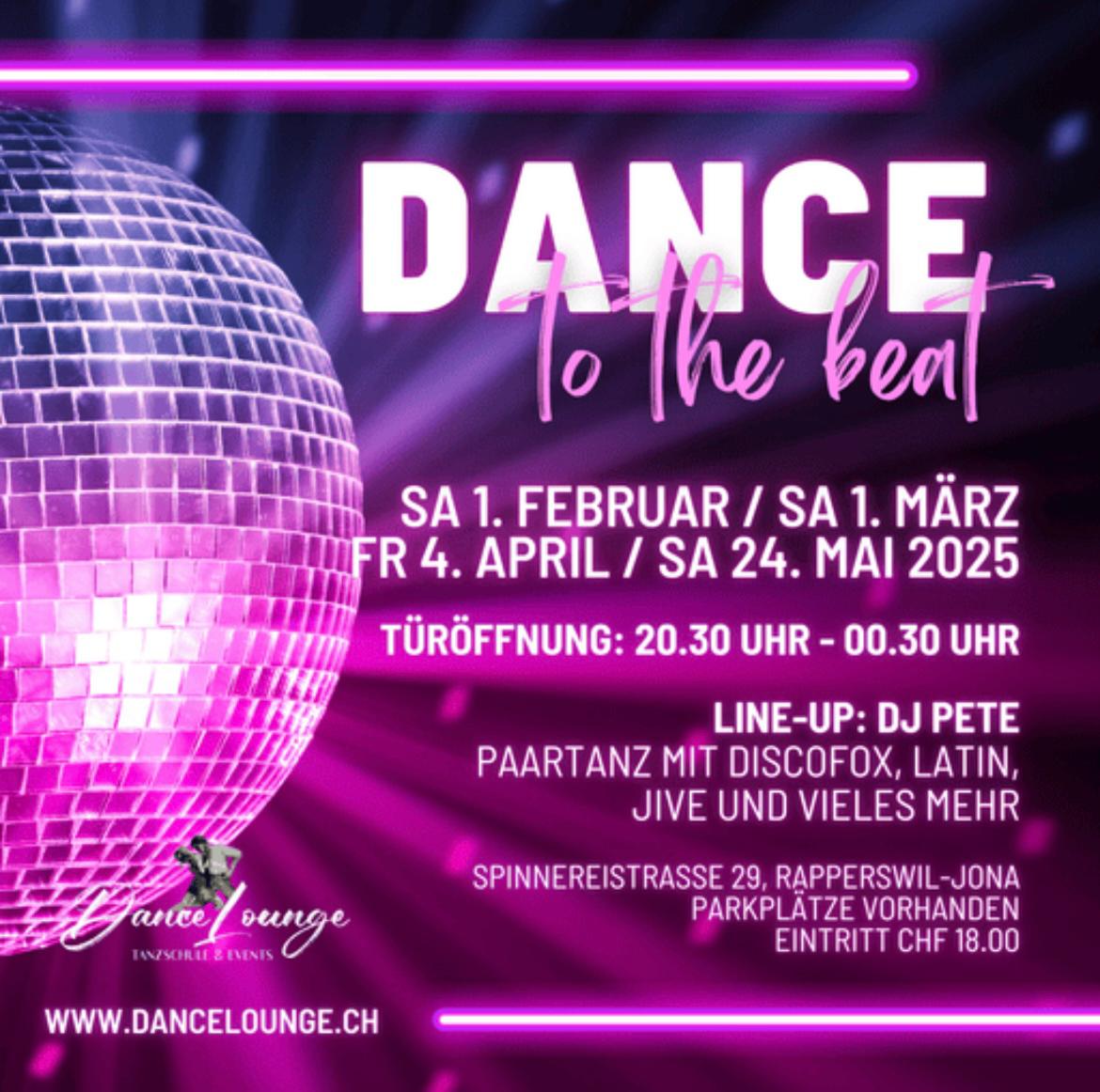 Pink-lila „Dance TO THE BEAT“-Poster mit Details zu DJ Pete, Dancelounge Rapperswil Events von Event.