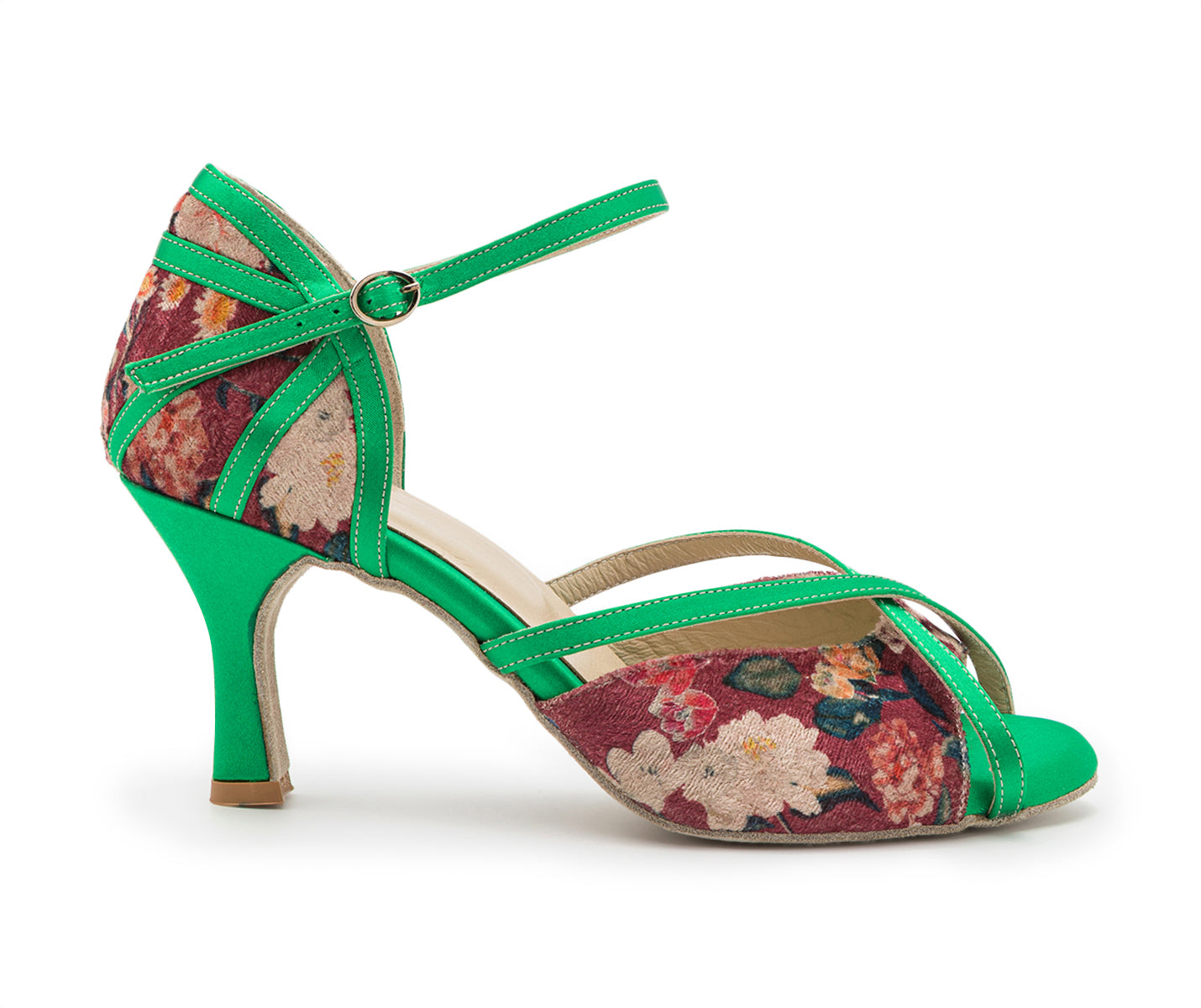 Nao's dance shoes in green with flower patterns