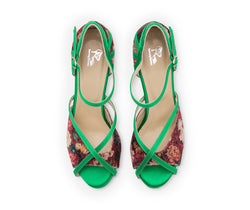 Nao's dance shoes in green with flower patterns