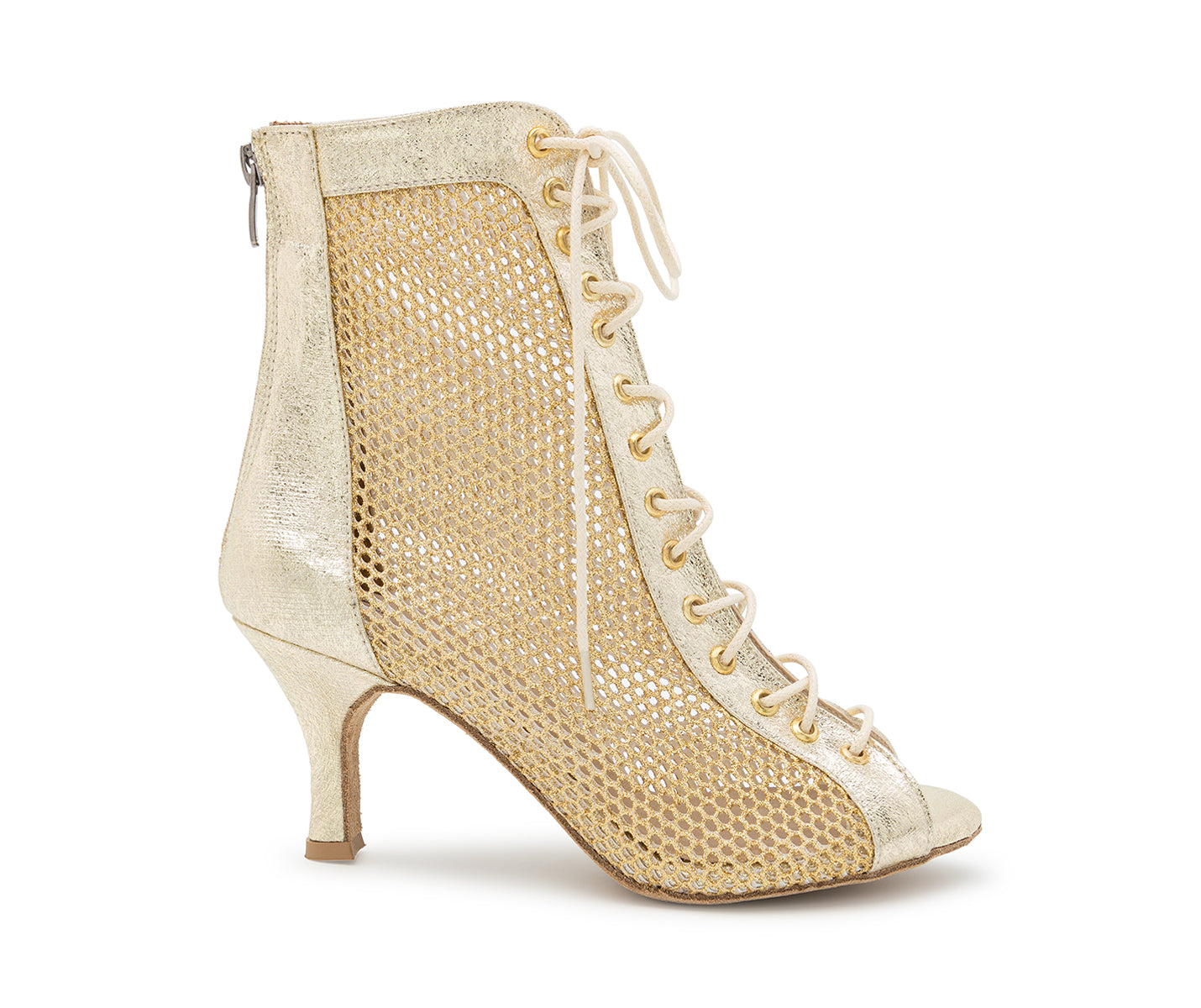 Halley Heels von Dancing Queens sind goldglitzernde Peep-Toe-Stiefeletten mit Mesh und Schnürung; ideal für Bachata.