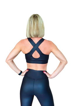 181 Single Crossed Sport Bra en noir avec look cuir