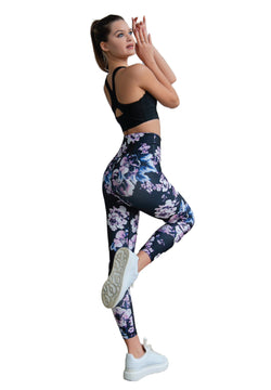 334 Leggings taille haute en noir, bleu, rose fleuri