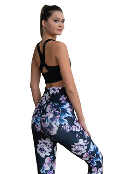 334 Leggings a vita alta in nero, blu e rosa a fiori