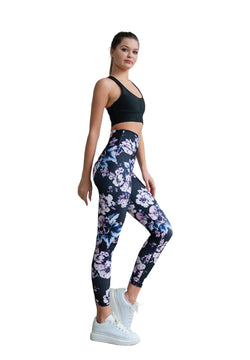 334 Leggings taille haute en noir, bleu, rose fleuri