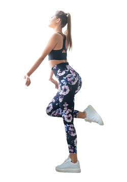 334 Leggings taille haute en noir, bleu, rose fleuri