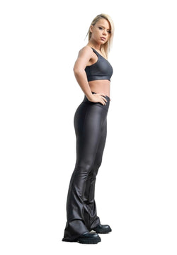 1169 Extra High Waist Schlagleggings in Schwarz mit Leather Look