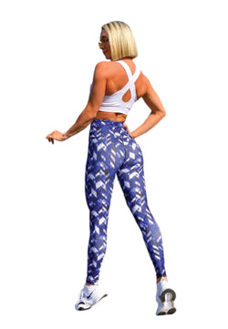 1037 Leggings extra-haute taille à motifs bleus et blancs